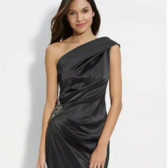 Eliza J | Dresses | Eliza J Missy Black Satin One Shoulder Rhinestone Formal Evening Gown Size 4 